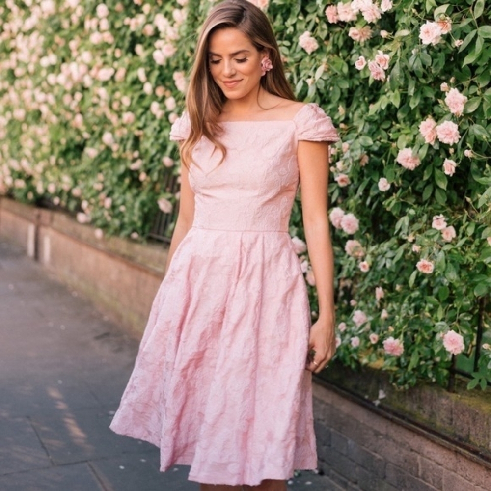 Gal Meets Glam Augusta Dress Pink Cap Sleeve Jacquard Brocade Fit Flare 4